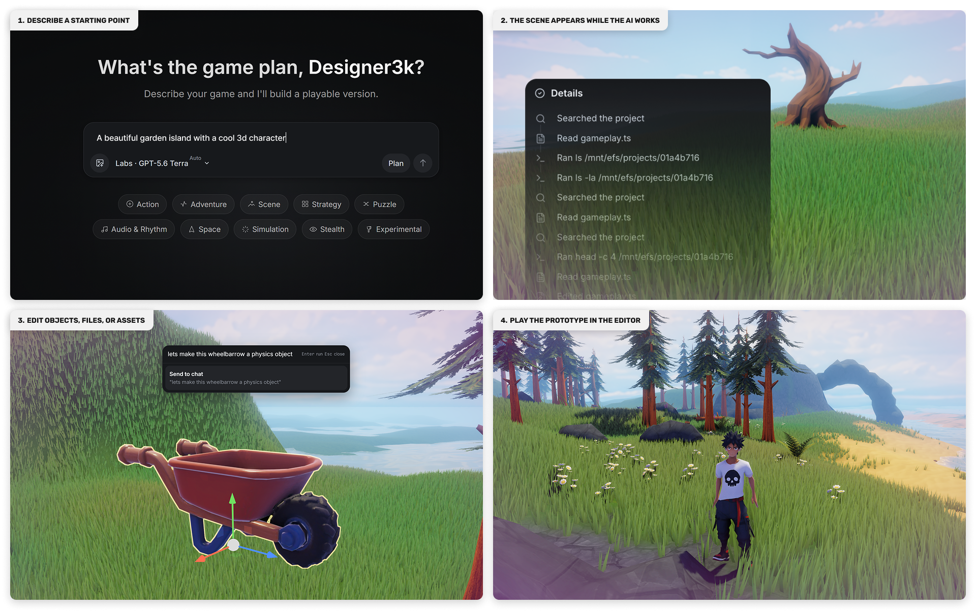 The AI editor loop: describe a starting point, watch the scene appear, edit objects, then play the prototype.