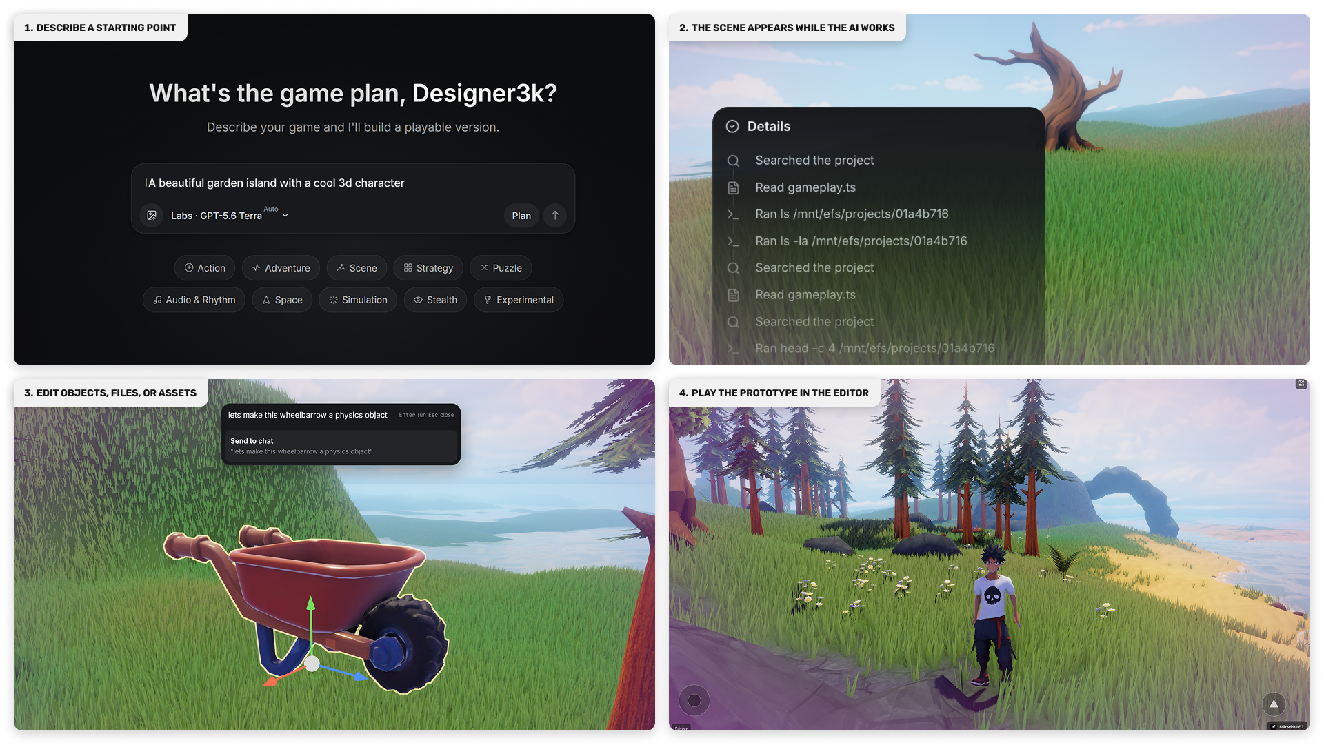 The AI editor loop: describe a starting point, watch the scene appear, edit objects, then play the prototype.