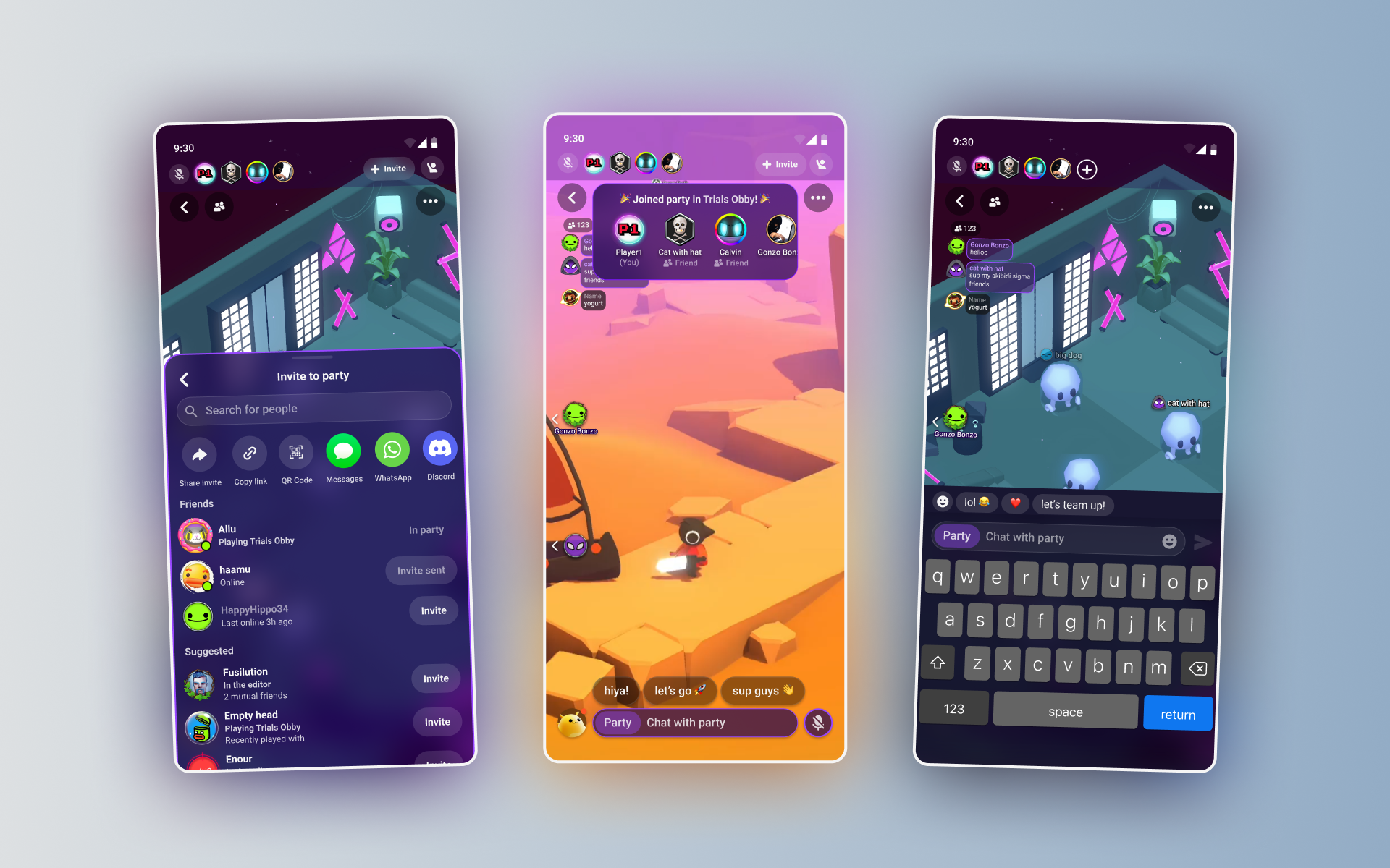 Three HypeHype screens: an invite-to-party sheet, a joined-party banner in a game, and party chat.